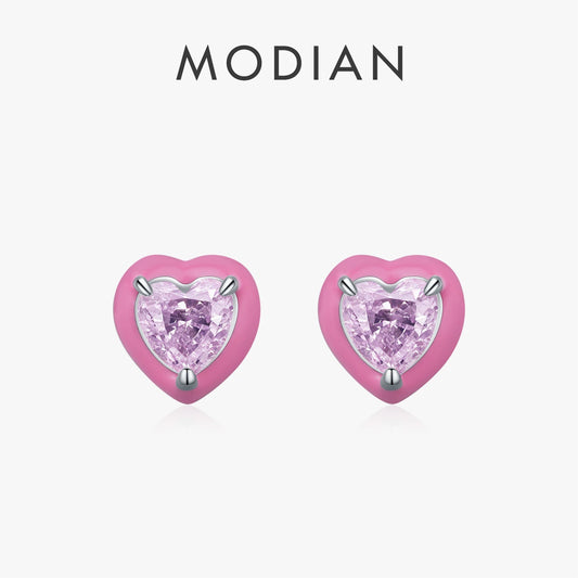 MODIAN 925 Sterling Silver Luxury Cute Pink Enamel Heart Crushed Ice Cut Zircon Romantic Stud Earrings For Women Fine Jewelry