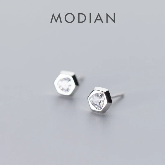 Pendientes Modian con forma hexagonal y circonita cúbica transparente para mujer, 100 % plata de ley 925 auténtica, estilo minimalista, joyería antialérgica.