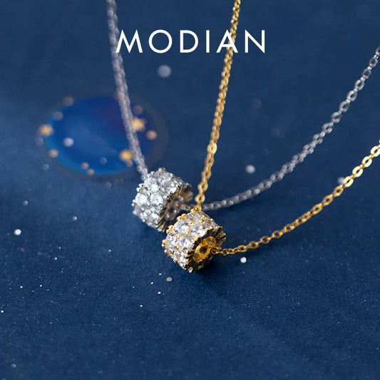 Collar con colgante de tubo redondo de lujo Modian de plata de ley 925 auténtica con circonita brillante para mujer, cadena de eslabones, joyería fina