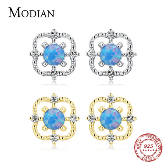 Pendientes MODIAN de plata de ley 925 auténtica con forma de gota hueca para mujer, modernos pendientes de ópalo azul, joyería fina para San Valentín.