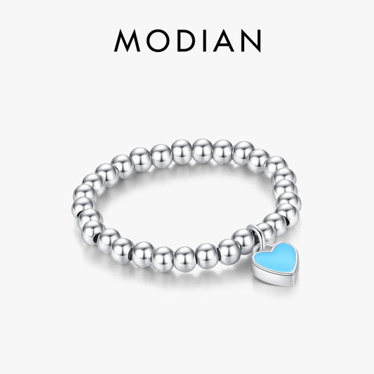 Anillos de cuentas ajustables MODIAN de plata de ley 925 con forma de corazón de esmalte azul, estilo minimalista, joyería fina y exquisita de moda para mujer.
