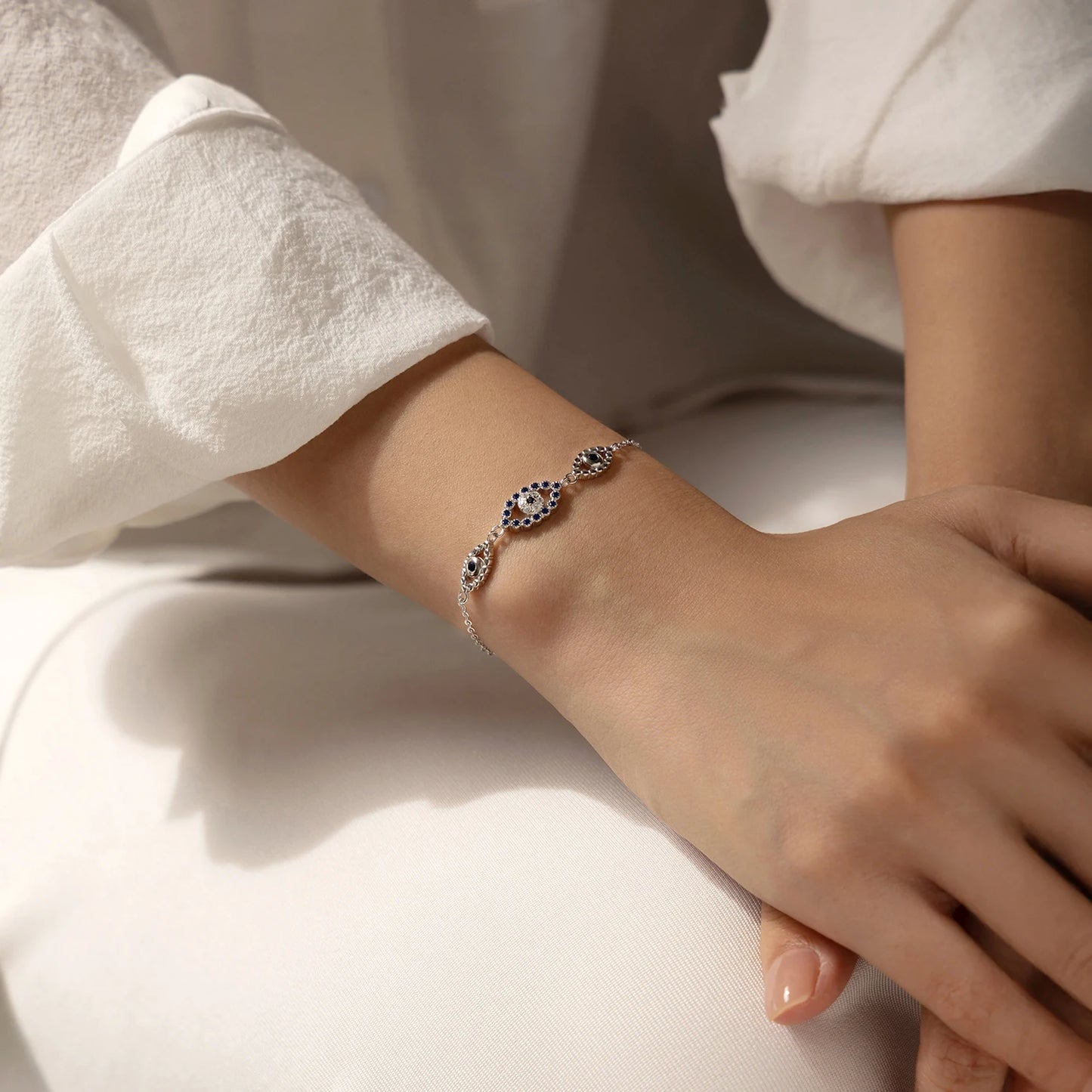 MODIAN 925 Sterling Silver Hollow Blue Zirconia Eyes To Eyes Bracelet Fashion Link Chain Bracelets For Women Vacation Jewelry
