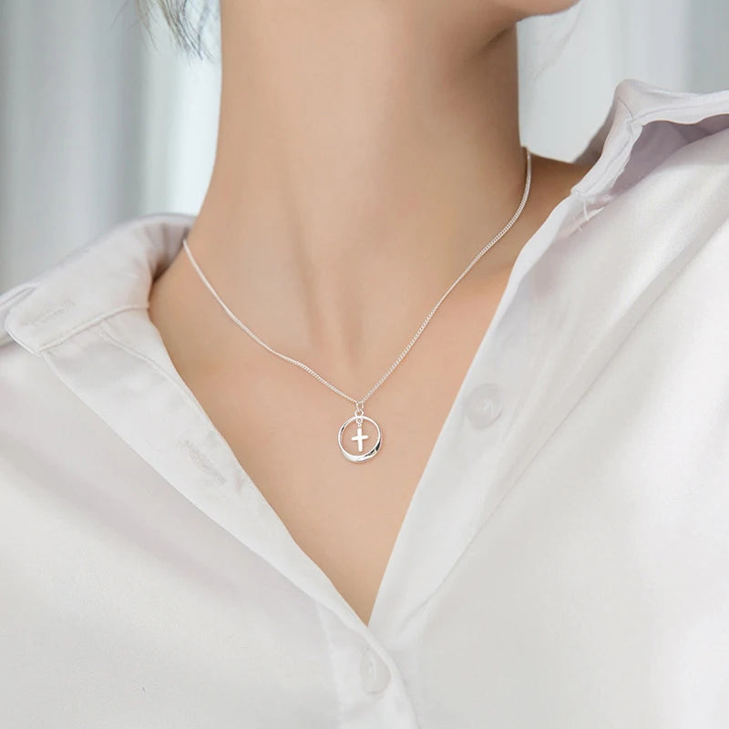 Modian New Fashion Mini Cross Geometric Round 925 Sterling Silver Pendant for Women Link Chain Adjustable Necklace Fine Jewelry