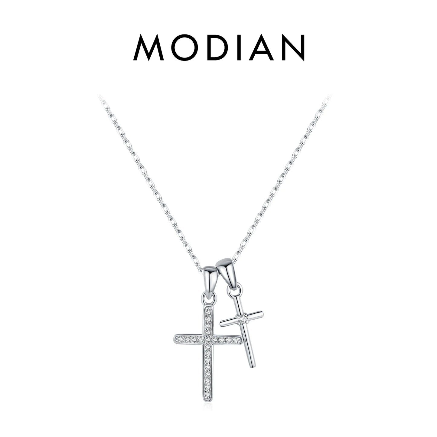 Collar con colgante de cadena de eslabones de circonita de doble cruz, clásico y delicado de plata de ley 925 de MODIAN para mujer, joyería fina, regalos