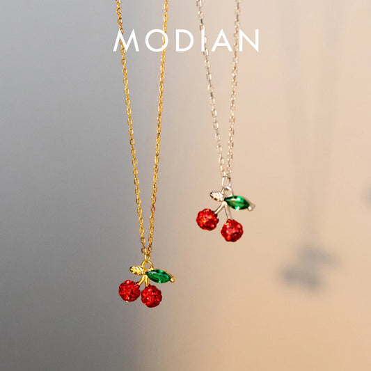 Modian Trendy 925 Sterling Silver Fruit Red Crystal Cherry Pendant  Necklace for Women Link Chain Necklace Original Fine Jewelry