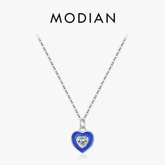 MODIAN 925 Sterling Silver Romantic Heart Klein Blue Enamel Pendant Necklace Shiny CZ Chain Neck For Women Fine Jewelry