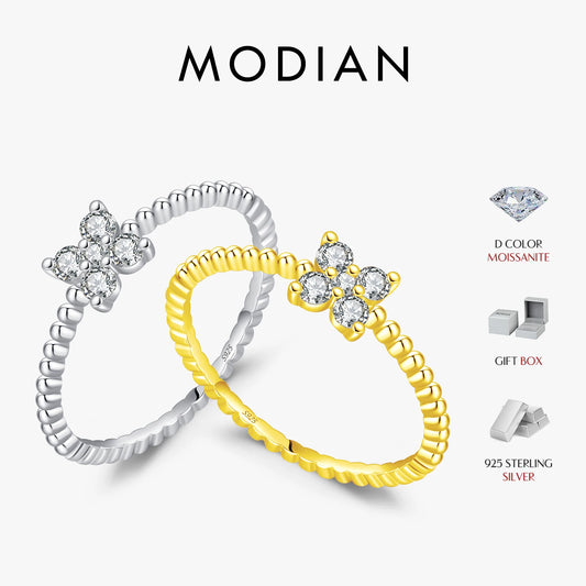 Anillo de moissanita MODIAN con trébol de cuatro hojas, color D, plata de ley 925, cuentas apilables, moderno anillo para mujer, joyería fina