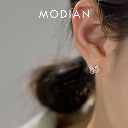 Pendientes Modian Summer Beach de plata de ley 925 100% con circonitas rosas y cristales para mujer, joyería de plata con flor hueca de circonita cúbica transparente