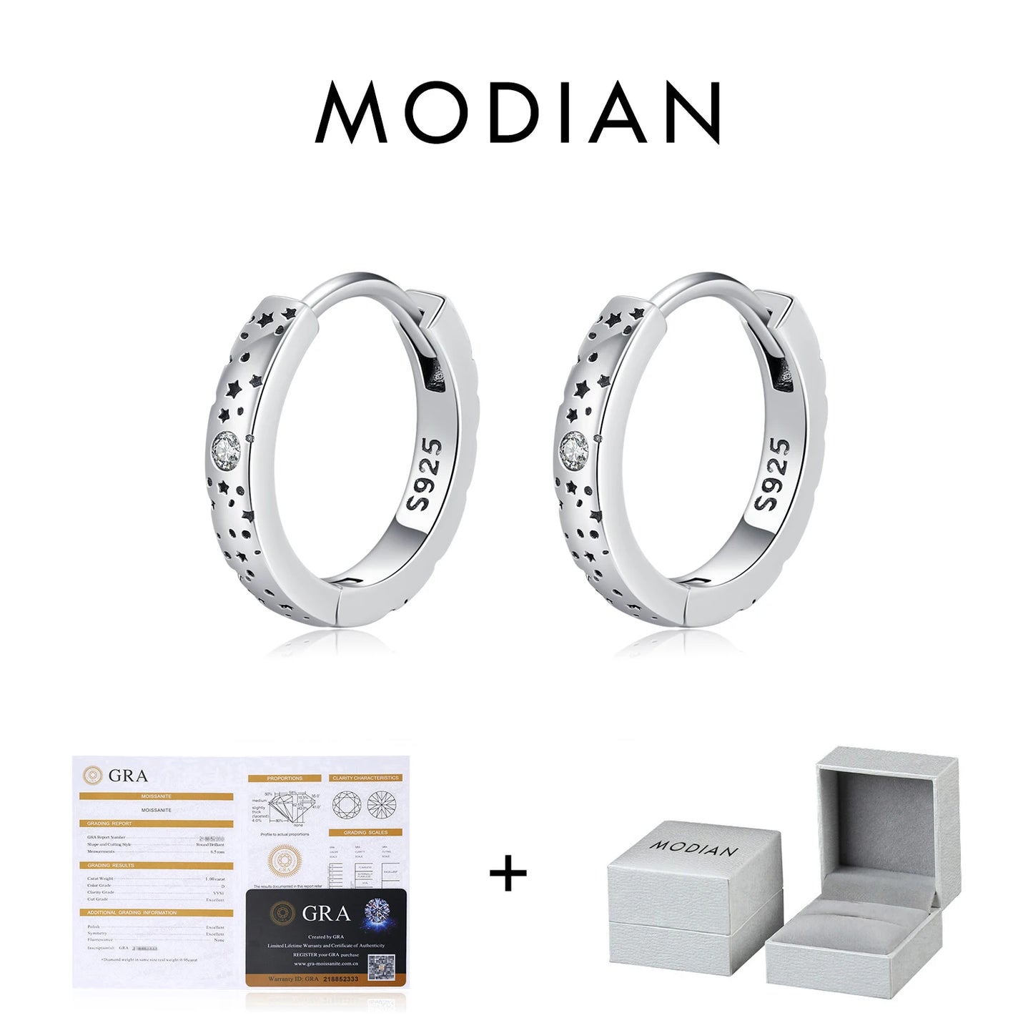 MODIAN D Color Moissanite Ear Buckles 925 Sterling Silver Sparkle Retro Hollow Stars Hoop Earrings For Women Fine Jewelry
