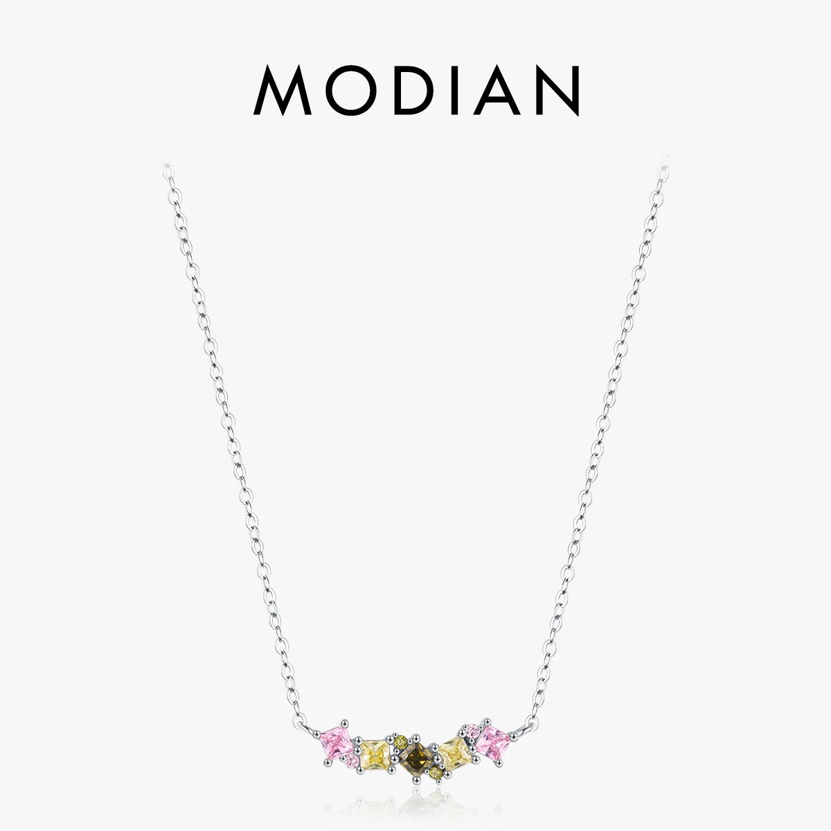 MODIAN 925 Sterling Silver Rainbow Candy Square Zirconia Pendant Necklace Trendy Link Chain For Women Party Fine Jewelry Gifts