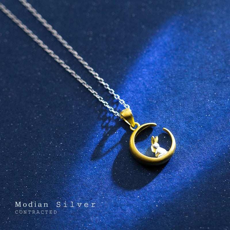 Modian Gold Color Crescent Cute Rabbit Sterling Silver 925 Pendant for Women Link Chain Necklace Original Fine Jewelry Girl Gift