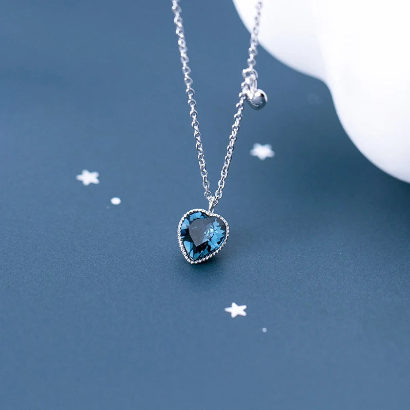 Collar con colgante de plata de ley 925 auténtica con corazones románticos de cristal azul profundo de Modian para mujer, joyería fina, regalo para novias.
