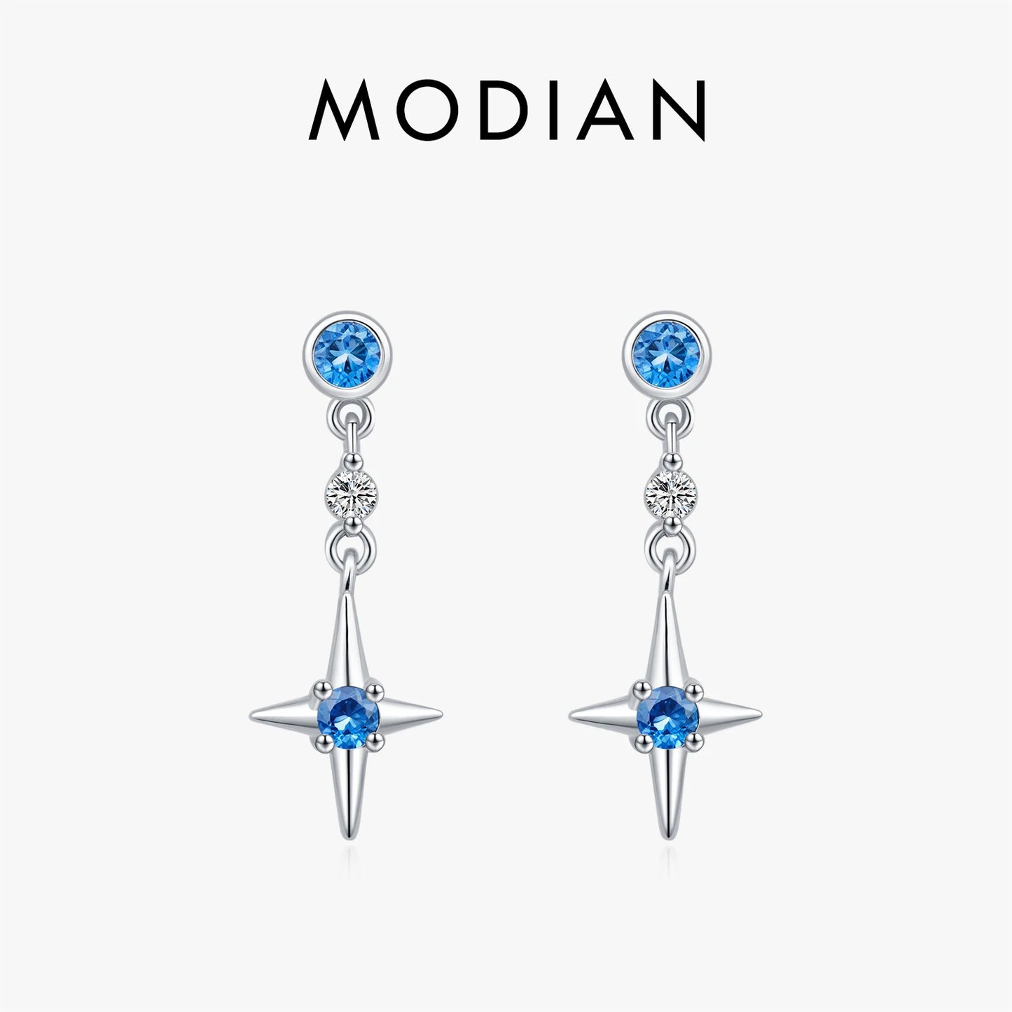 Pendientes MODIAN de plata de ley 925 con circonitas azules y estrellas brillantes para mujer, joyería fina