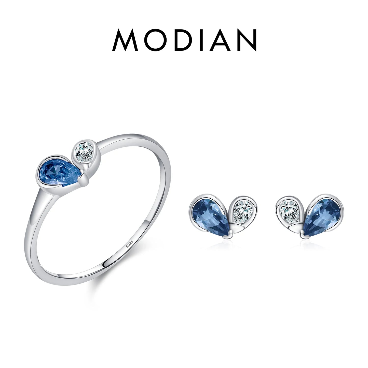 Conjunto de joyas MODIAN de plata de ley 925 con pequeños corazones románticos de circonita azul y rosa para mujer, anillos y pendientes de moda.