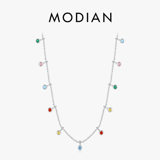 Modian 925 Sterling Silver Rainbow Colorful Zirconia Pendant Necklace Fashion Party Link Chain Choker For Women Fine Jewelry
