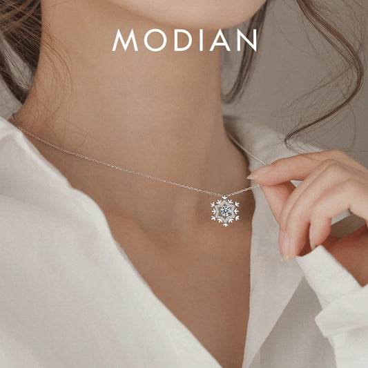 Modian Radiant Zircon Lovely Snowflake Adjustable Sterling Silver 925 Pendant Necklace for Women Fine Jewelry Christmas Gift
