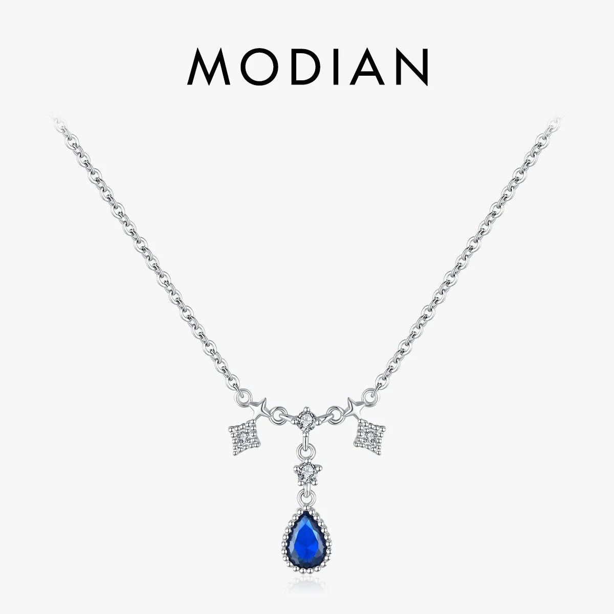 Collar con colgante de gota de agua de lujo MODIAN de plata de ley 925 con circonita azul y roja, cadena de eslabones clásica para mujer, joyería de boda