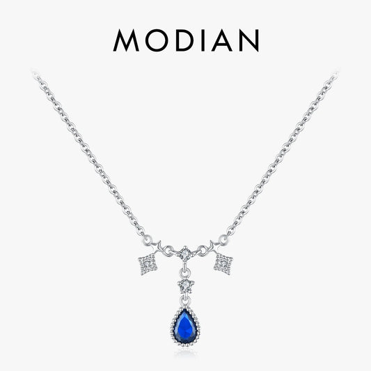Collar con colgante de gota de agua de lujo MODIAN de plata de ley 925 con circonita azul y roja, cadena de eslabones clásica para mujer, joyería de boda