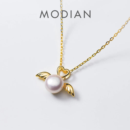 Colgante elegante de alas de ángel de plata de ley 925 con forma de corazón y perla natural de Modian para mujer, joyería fina.