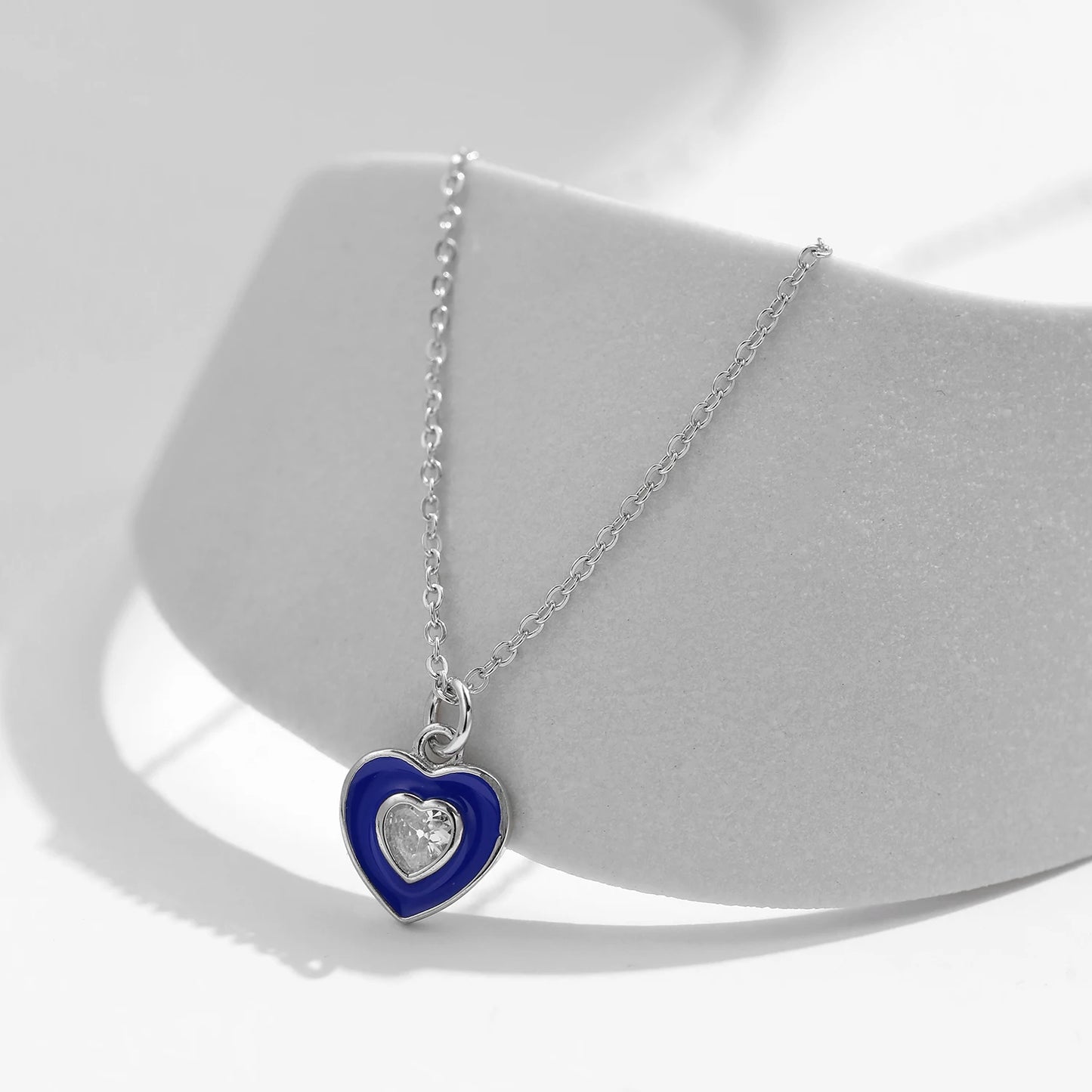 MODIAN 925 Sterling Silver Romantic Heart Klein Blue Enamel Pendant Necklace Shiny CZ Chain Neck For Women Fine Jewelry