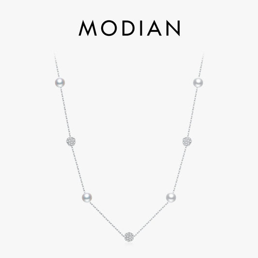 Collar con colgante de cadena de perlas y cuentas de circonita de plata esterlina 925 de MODIAN para mujer, joyería fina, regalo de San Valentín.