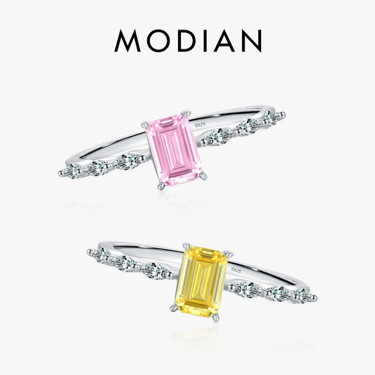 Anillo MODIAN de plata de ley 925 auténtica con circonita rosa y amarilla de corte esmeralda brillante para mujer, joyería fina de lujo para bodas.