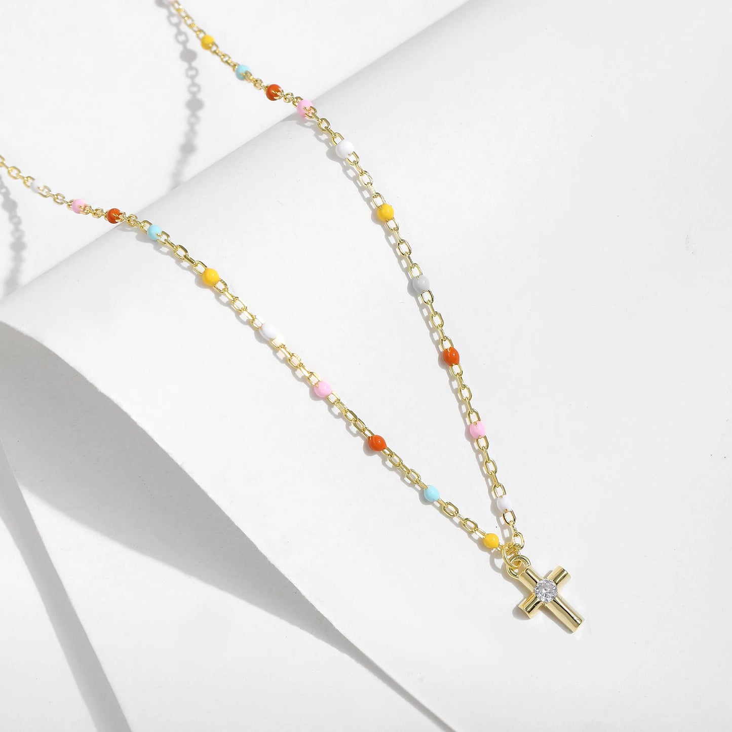 MODIAN 925 Sterling Silver Delicate Cross Pendant Necklace Colorful Enamel Beads Chain Necklace for Women Party Dainty Jewelry