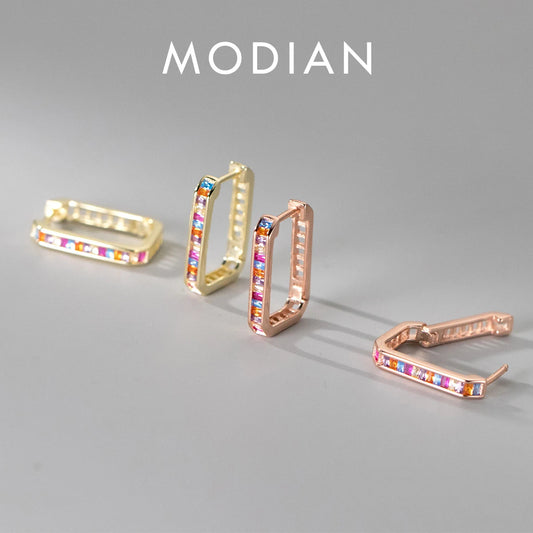 Pendientes de aro Modian de plata de ley 925 con circonitas de colores arcoíris, rectangulares, modernos, para mujer, para fiesta, boda, joyería fina.