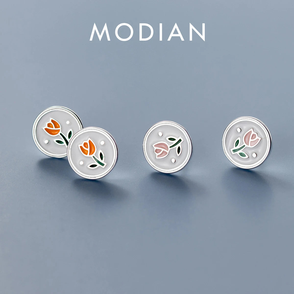 Pendientes de botón redondos de esmalte vintage Modian de plata de ley 925 con diseño de flor, sencillos y bonitos, para mujer, joyería para prevenir alergias.