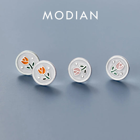 Pendientes de botón redondos de esmalte vintage Modian de plata de ley 925 con diseño de flor, sencillos y bonitos, para mujer, joyería para prevenir alergias.