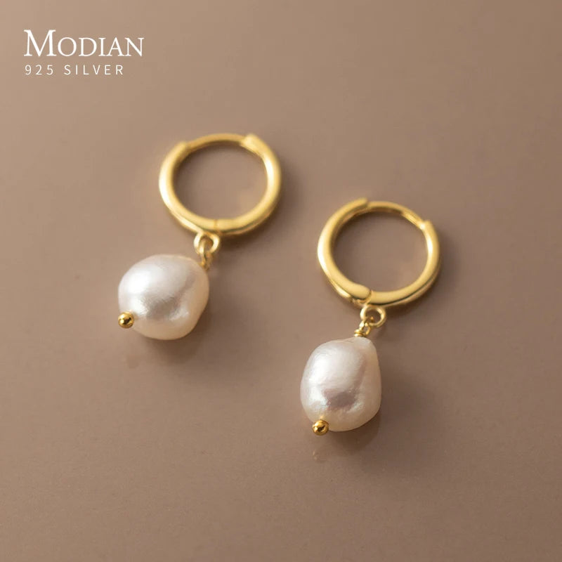 Pendientes de aro Modian de plata de ley 925 con perlas barrocas para mujer, modernos y brillantes, joyería fina, regalo de lujo.