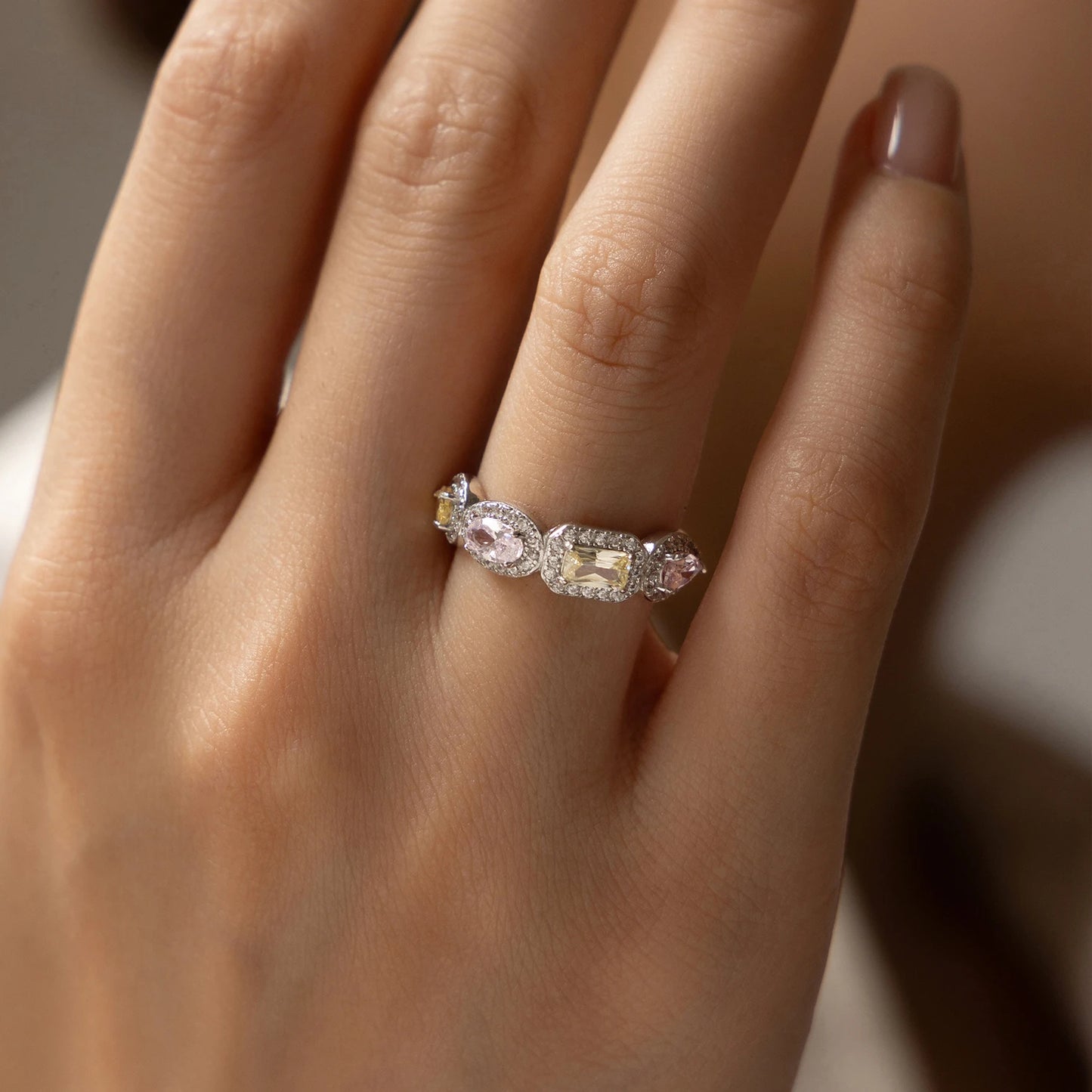MODIAN 925 Sterling Silver Luxury Rectangle Pink & Yellow Ring Exquisite Sugar Cube Eternity Band Rings For Women Fine Jewelry
