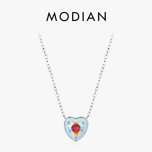 Colgante de corazón esmaltado azul claro MODIAN en plata de ley 925, cadena de corazón romántica y colorida para mujer, joyería fina, regalos.