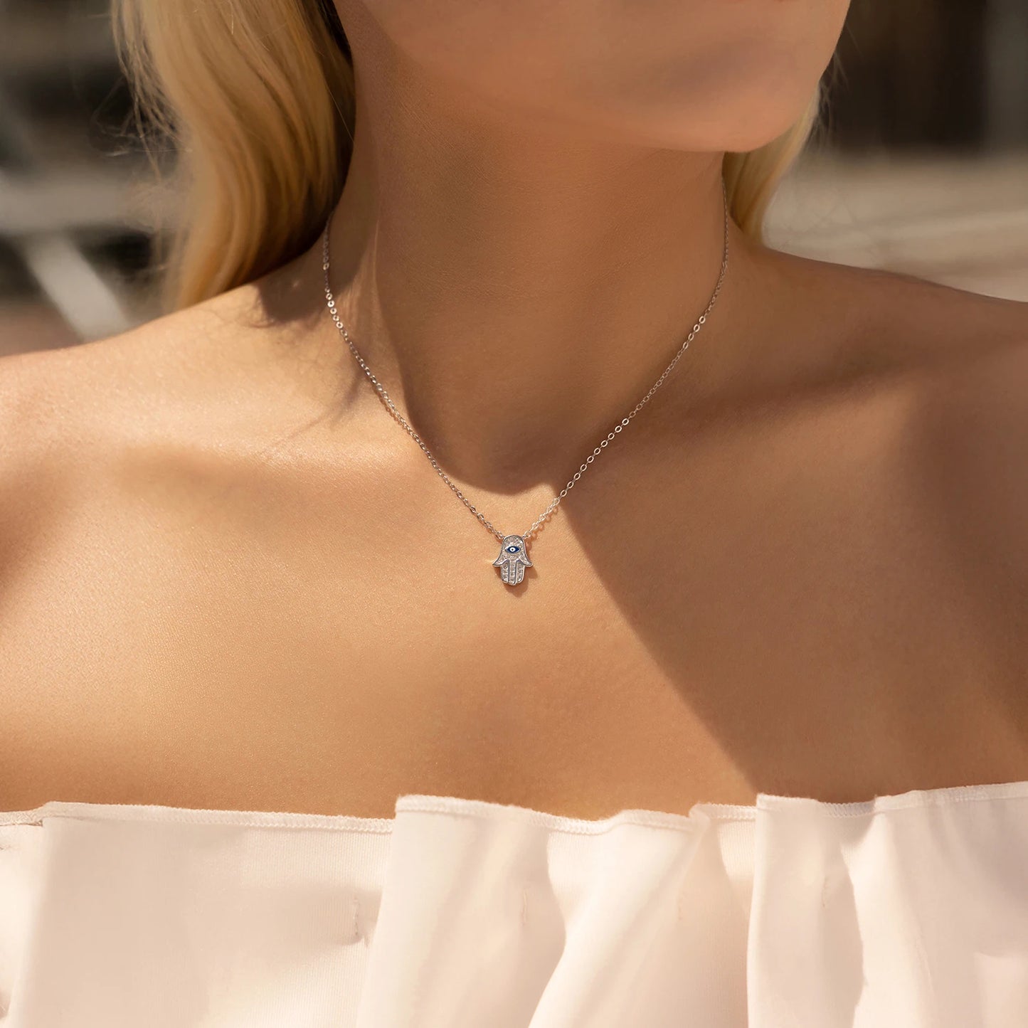 MODIAN 925 Sterling Silver Classic Full Zirconia Palm Pendant Necklace Charm Blue Enamel Eyes Link Chain For Women Jewelry