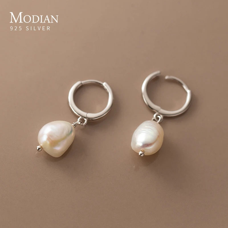 Pendientes de aro Modian de plata de ley 925 con perlas barrocas para mujer, modernos y brillantes, joyería fina, regalo de lujo.