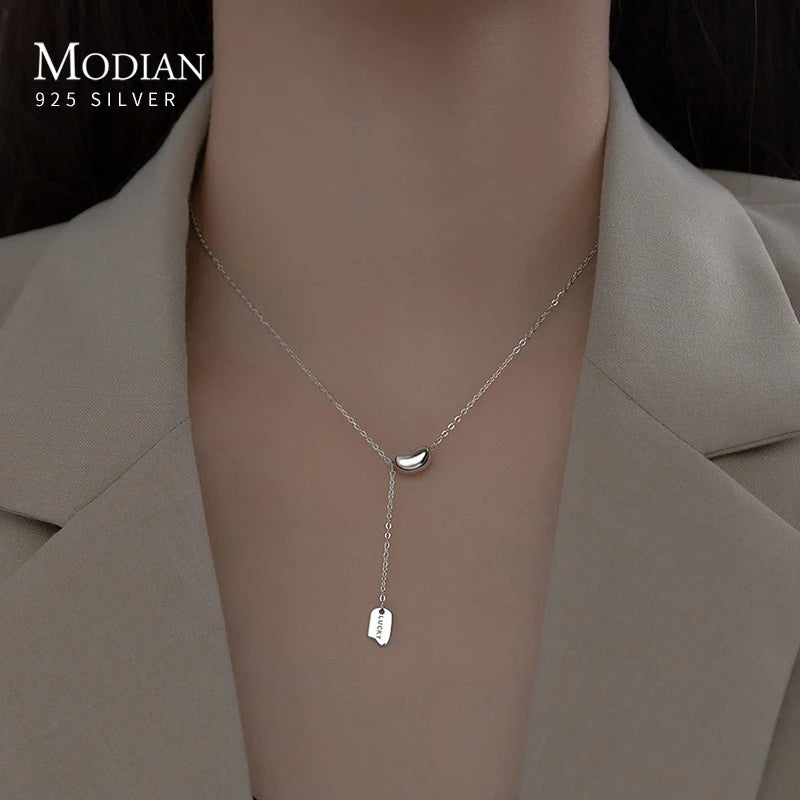 MODIAN Genuine 925 Sterling Silver Beads Lucky Letter Long Chain Pendant Necklace For Women Fine Jewelry Gift Girlfriend
