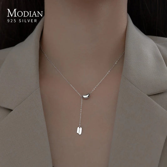 MODIAN Genuine 925 Sterling Silver Beads Lucky Letter Long Chain Pendant Necklace For Women Fine Jewelry Gift Girlfriend