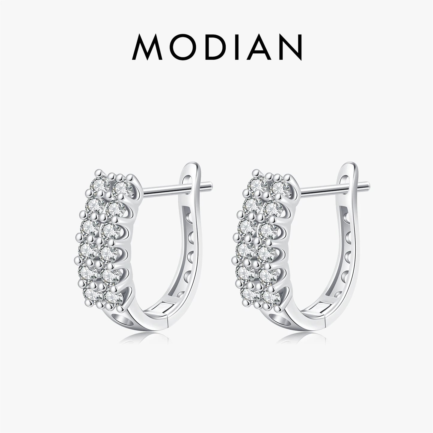 MODIAN 925 Sterling Silver Fashion Double Row Round CZ Hoop Earrings Classic French Style Buckle Earrings For Women Jewelry