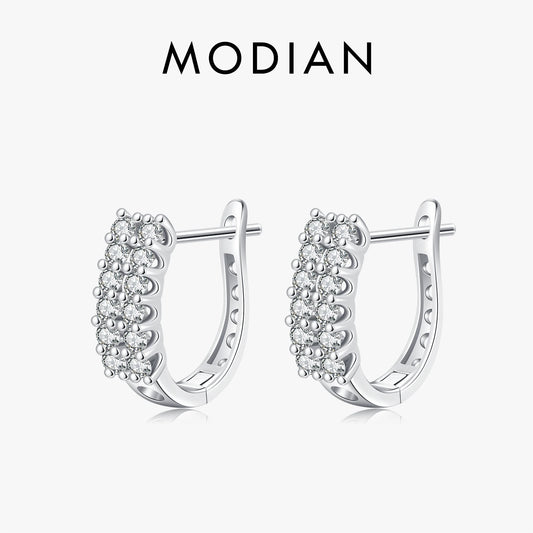 MODIAN 925 Sterling Silver Fashion Double Row Round CZ Hoop Earrings Classic French Style Buckle Earrings For Women Jewelry