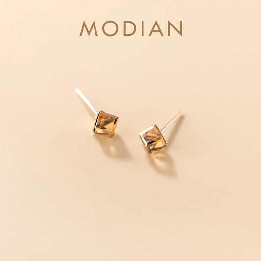 Pendientes de botón de cristal cuadrado romántico de Modian, color champán, para mujer, elegantes pendientes de plata de ley 925, joyería fina de lujo, regalos.