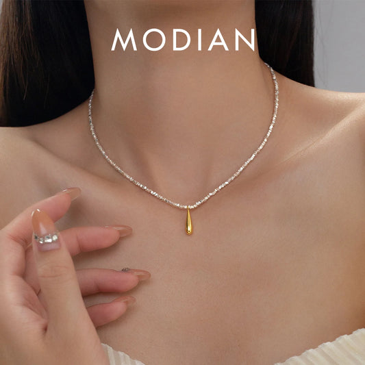Collar de cadena de eslabones geométricos de plata de ley 925 MODIAN, colgante clásico de gota de agua de color dorado para mujer, joyería fina