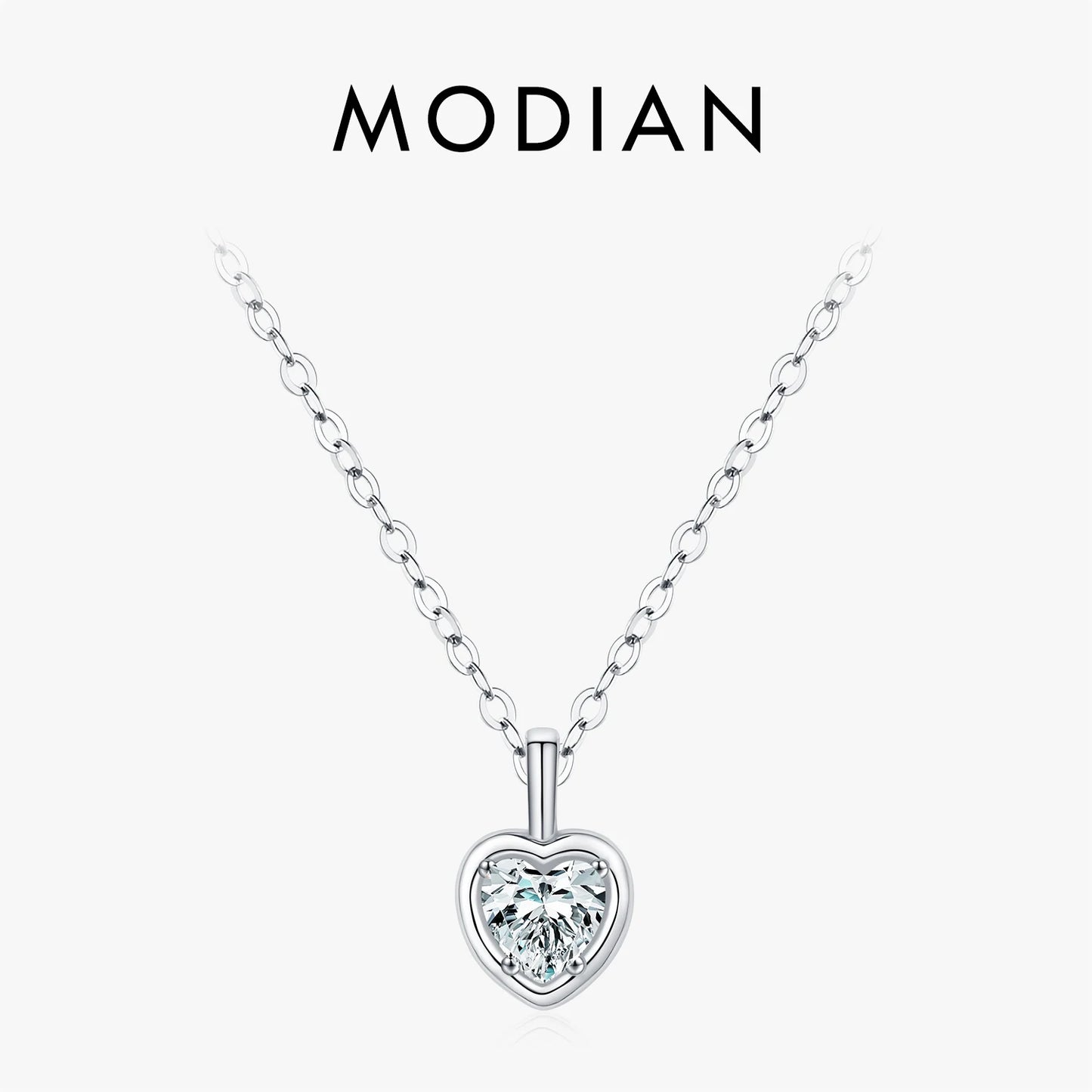 MODIAN 925 Sterling Silver Delicate Sweet Heart Zirconia Wedding Link Chain Pendant Necklace For Women Daily Fine Jewelry