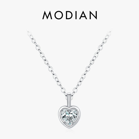 MODIAN 925 Sterling Silver Delicate Sweet Heart Zirconia Wedding Link Chain Pendant Necklace For Women Daily Fine Jewelry