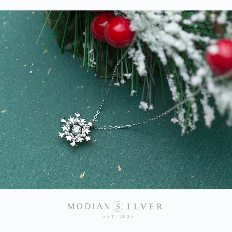 Modian Radiant Zircon Lovely Snowflake Adjustable Sterling Silver 925 Pendant Necklace for Women Fine Jewelry Christmas Gift