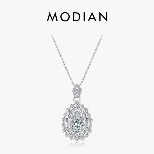 MODIAN 925 Sterling Silver Luxury Water Drop Dazzling CZ Link Chain Pendant Necklace For Women Wedding Statement Jewelry Gifts