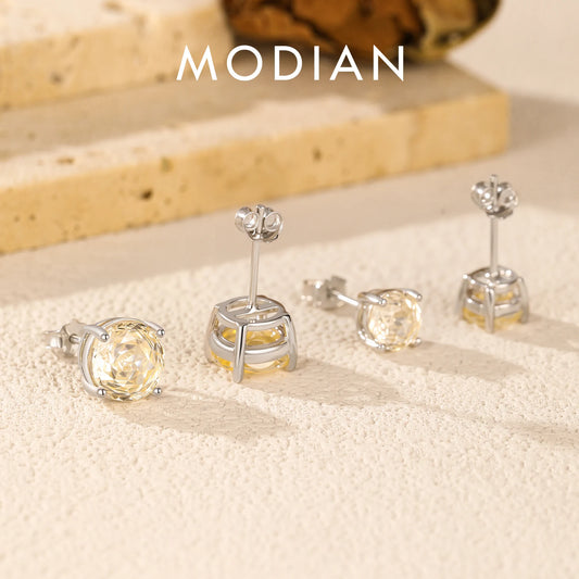 MODIAN Simple Round CZ Ear Stud 925 Sterling Silver Fashion Light Yellow Rose Cut Stud Earrings For Women Fine Jewelry