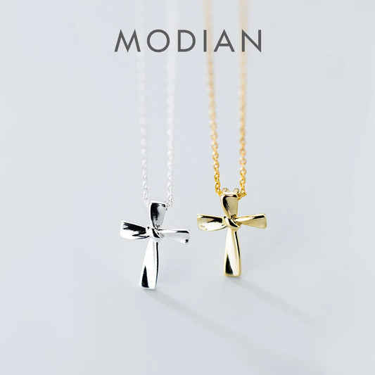 Colgante minimalista de cruz Modian, pequeño, de plata de ley 925, con nudo geométrico, cadena de eslabones para mujer, joyería fina
