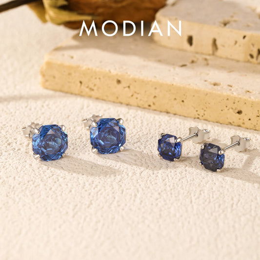MODIAN 925 Sterling Silver High-end Unisex Royal Blue Rose Cut CZ Octagon Stud Earrings For Women And Men Fine Jewelry