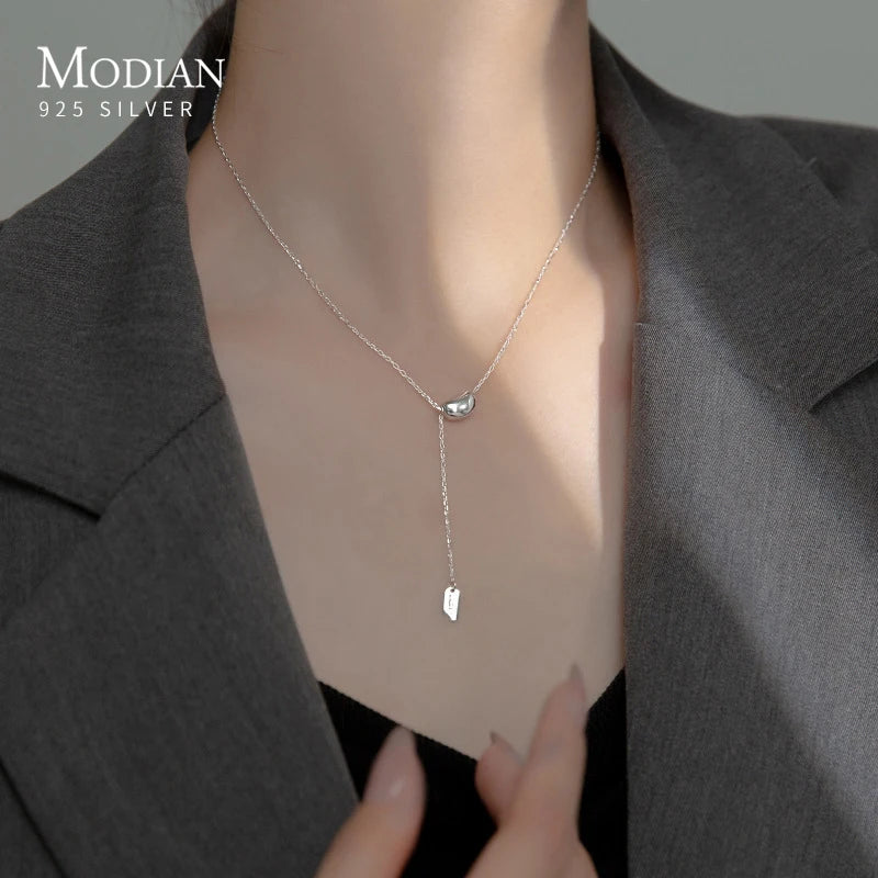 MODIAN Genuine 925 Sterling Silver Beads Lucky Letter Long Chain Pendant Necklace For Women Fine Jewelry Gift Girlfriend