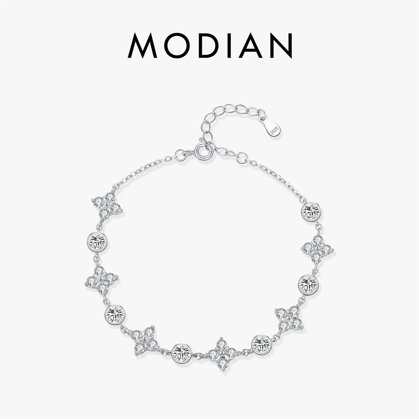 MODIAN 925 Sterling Silver Exquisite Dazzling Lucky Four-Leaf Clover Clear Zirconia Charm Bracelet For Women Party Fine Jewelry